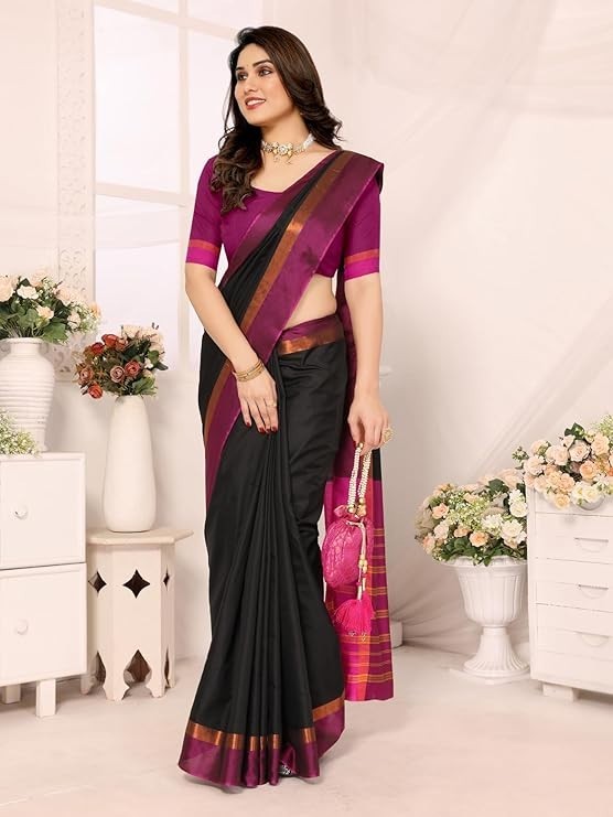 Women’s Striped Pattern Cotton Silk Saree and Unstitched Blouse Piece