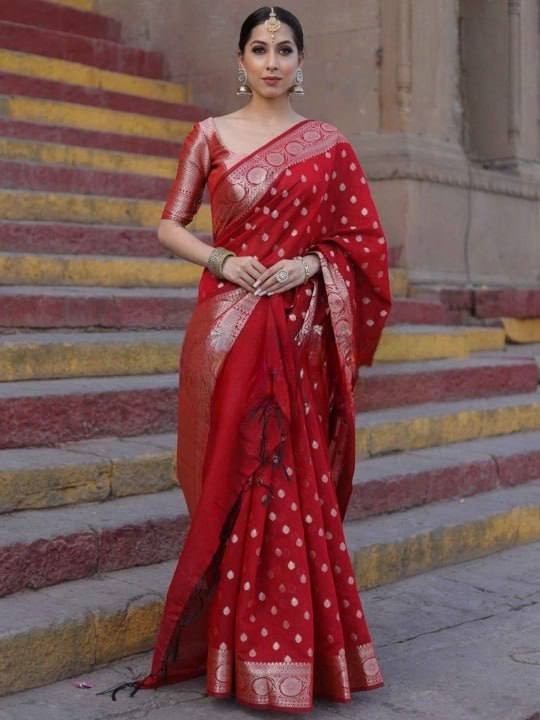 Linen Tissue Silk Saree White Lotus Floral Print Onam Party Wear with Blouse
