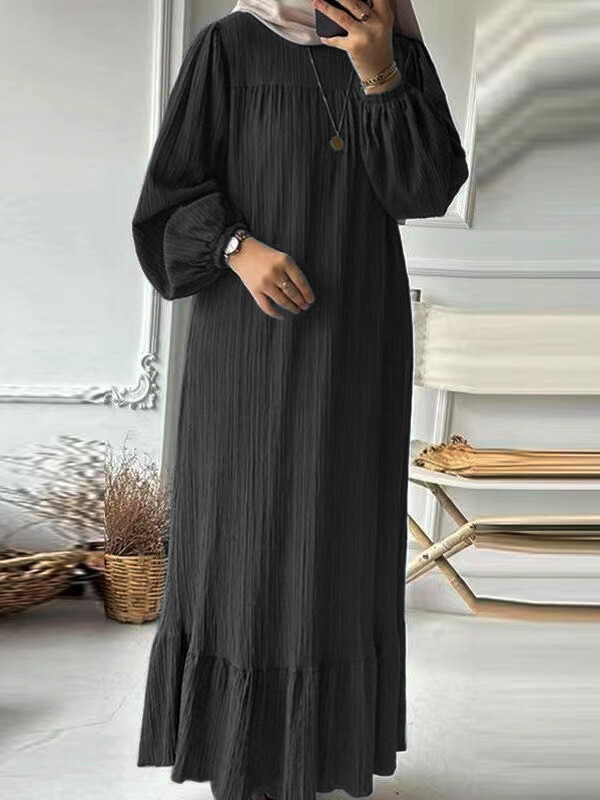 Women Dress Muslim Abaya Loose Burqa Long Sleeved Lady Plain Color Flounce Dress