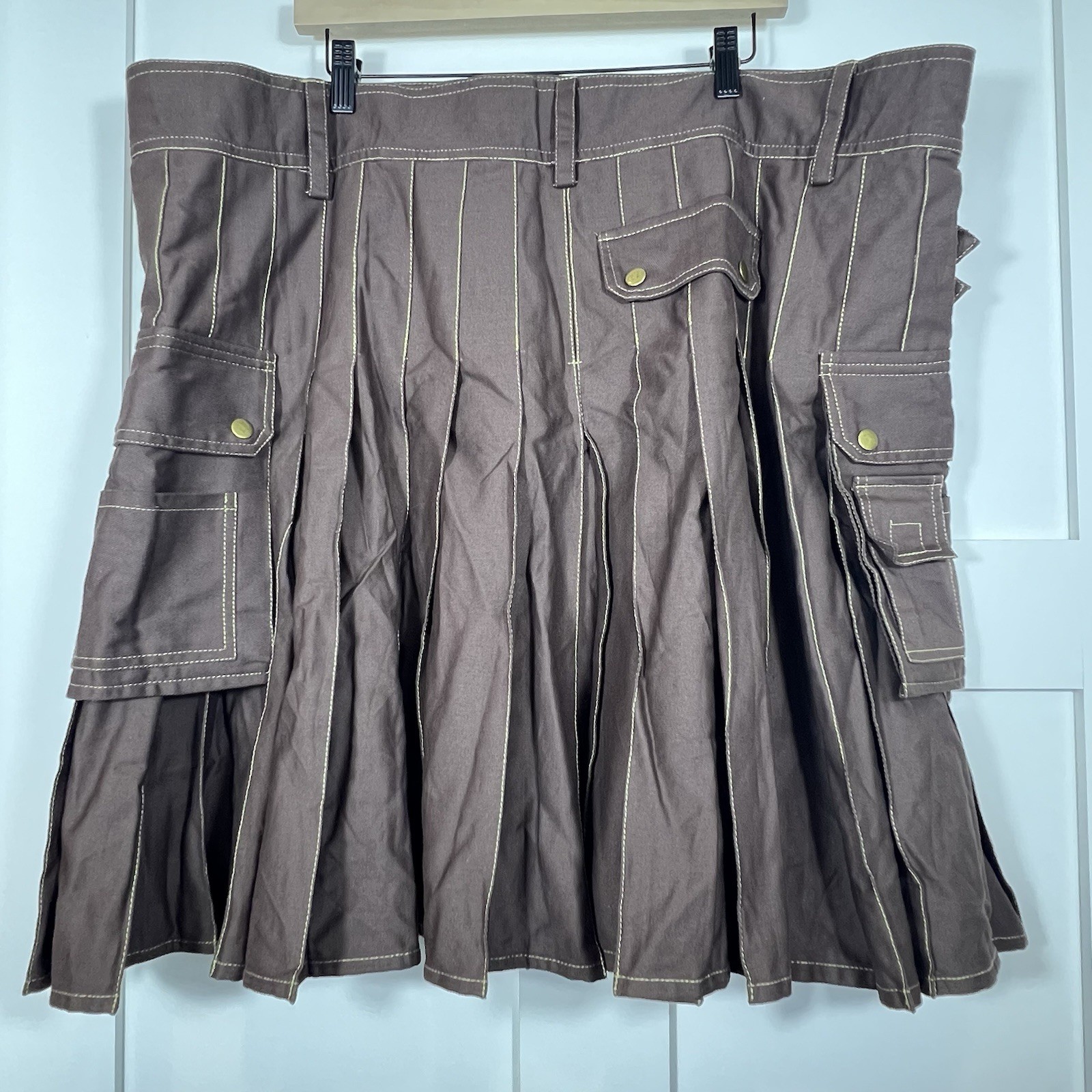 Mens Size 48 Utility Cargo Kilt Renaissance Canvas Pleated Pockets Brown Buckles