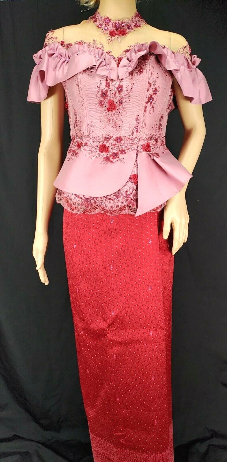 Cambodian Clothes Khmer Two Pieces High Neck Rose Lace/Seing Thai Women Size S