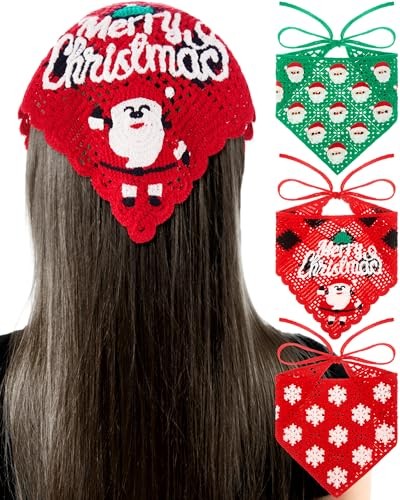 3 Pcs Christmas Crochet Headbands Bandana for Women Cotton Santa Claus Style