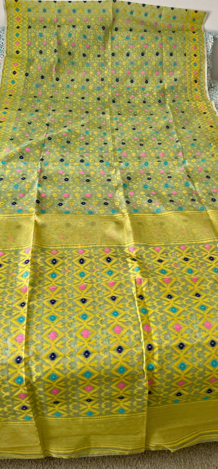 Brand New Green Yellow multicolor Cotton and Silk mix Bengal Jamdani Saree/Sari