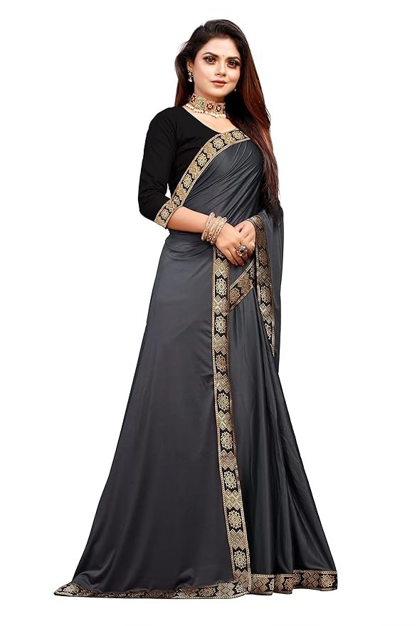 Women’s Lycra Plain Jacquard Lace Border Gorgeous Saree with Blouse Piece AN5
