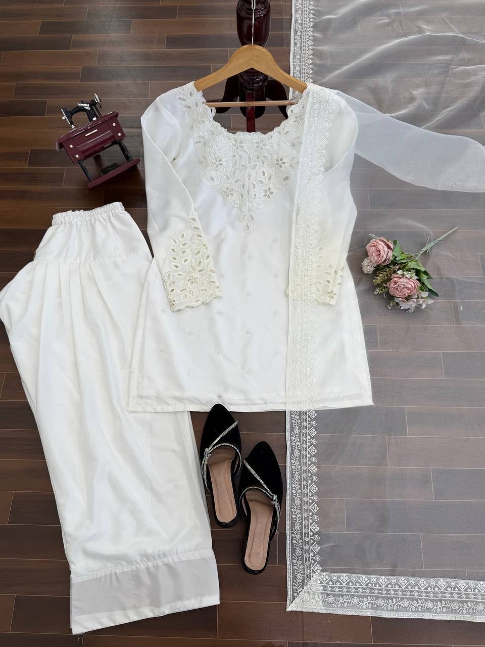 Ethnic Wear Natural Crep White Top Bottom With Dupatta For Women And Girls