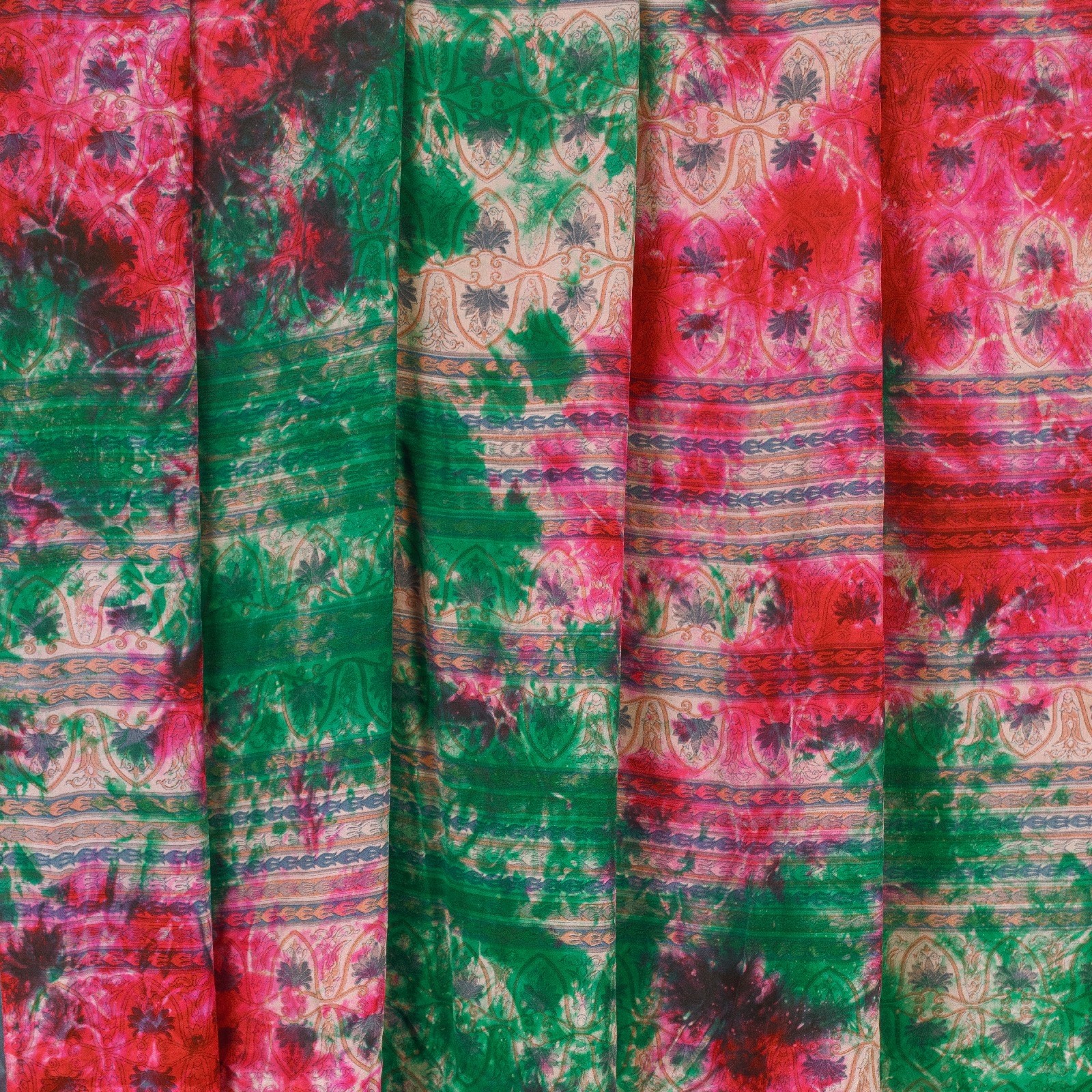 Sanskriti Vintage Saree Red-Green Pure Crepe Tie-Dye Sari 5.5+YD For DIY Project