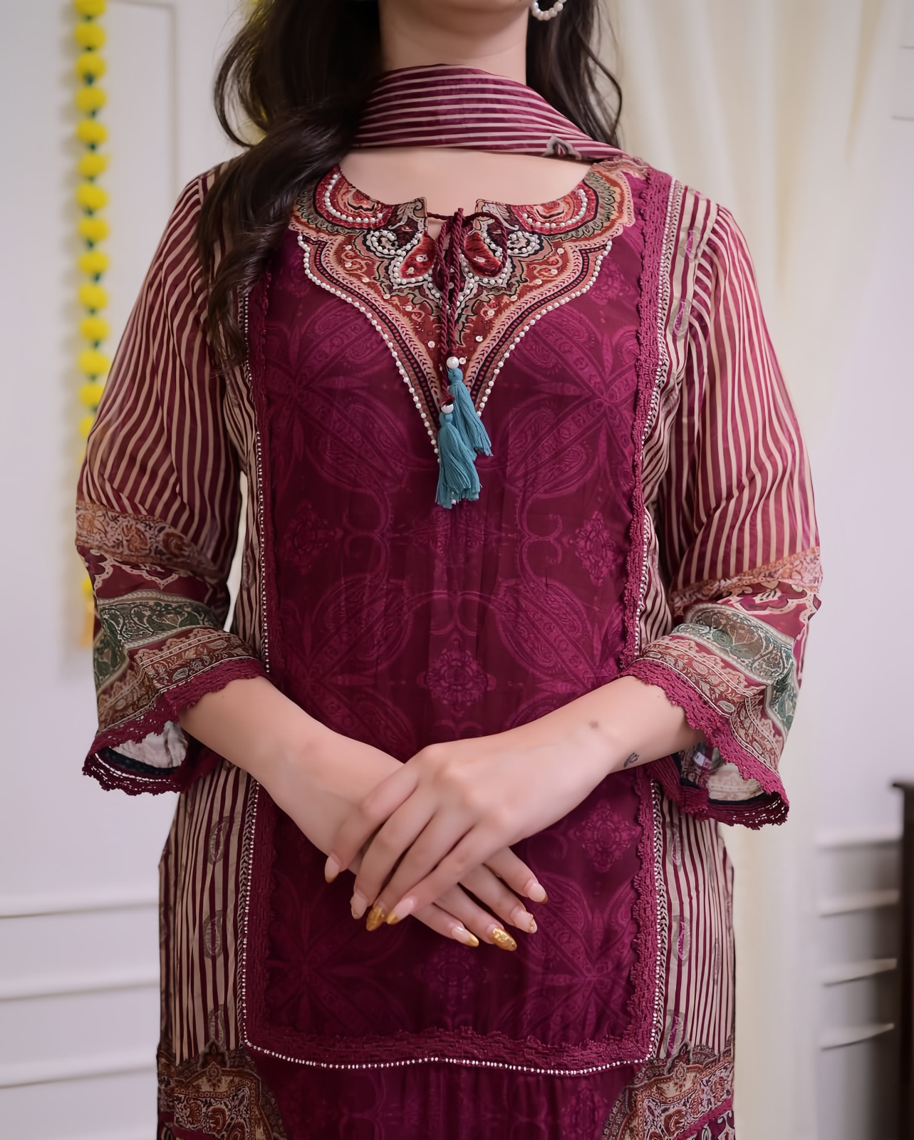 Traditional Pakistani Salwar Kameez Suit Set with Palazzo and Printed Dupatta