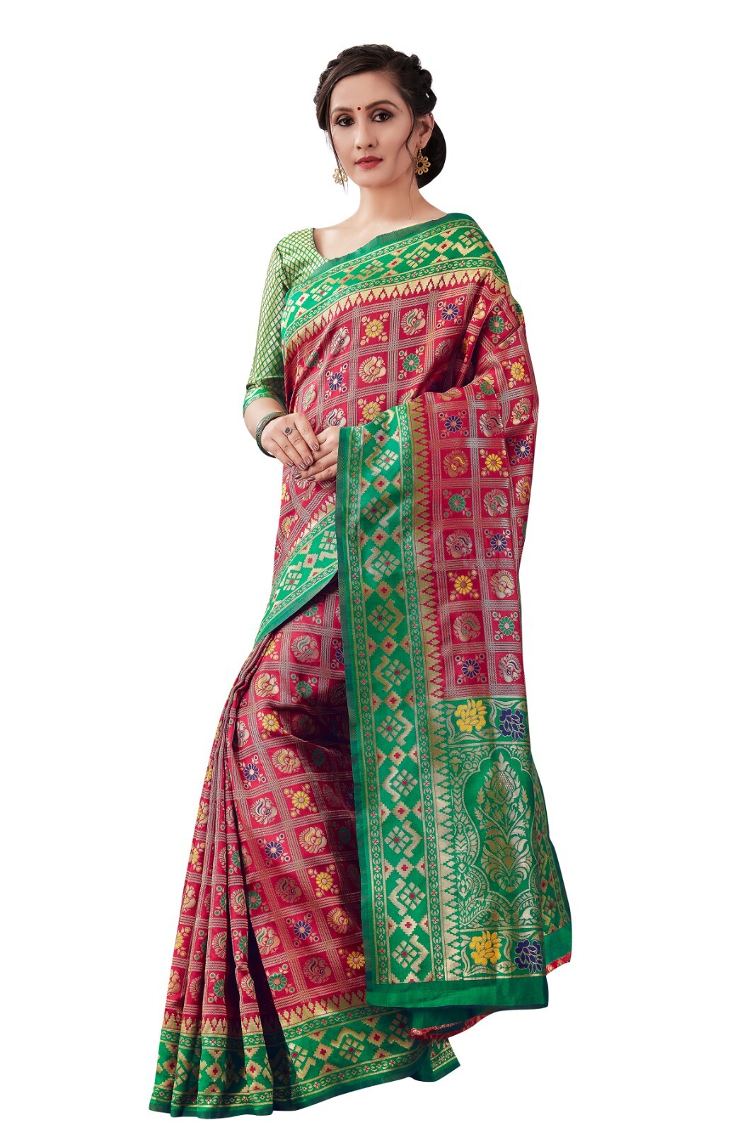 New Indian Women Heavy Chex Red New Design Saree With Unstitched Blouse
