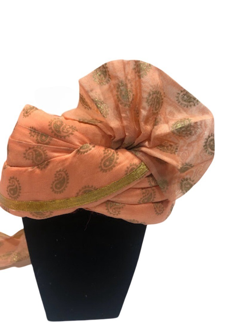 Wedding Turban Peach with Golden Border and Pasley Design Wedding Safa