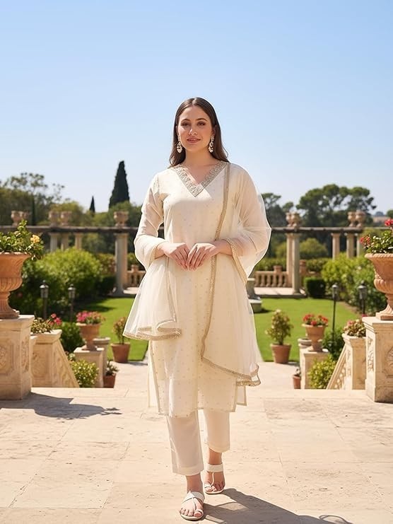 Cotton Silk with Zari Embroidery Kurta & Silk Crepe Pant Set And Net Dupatta