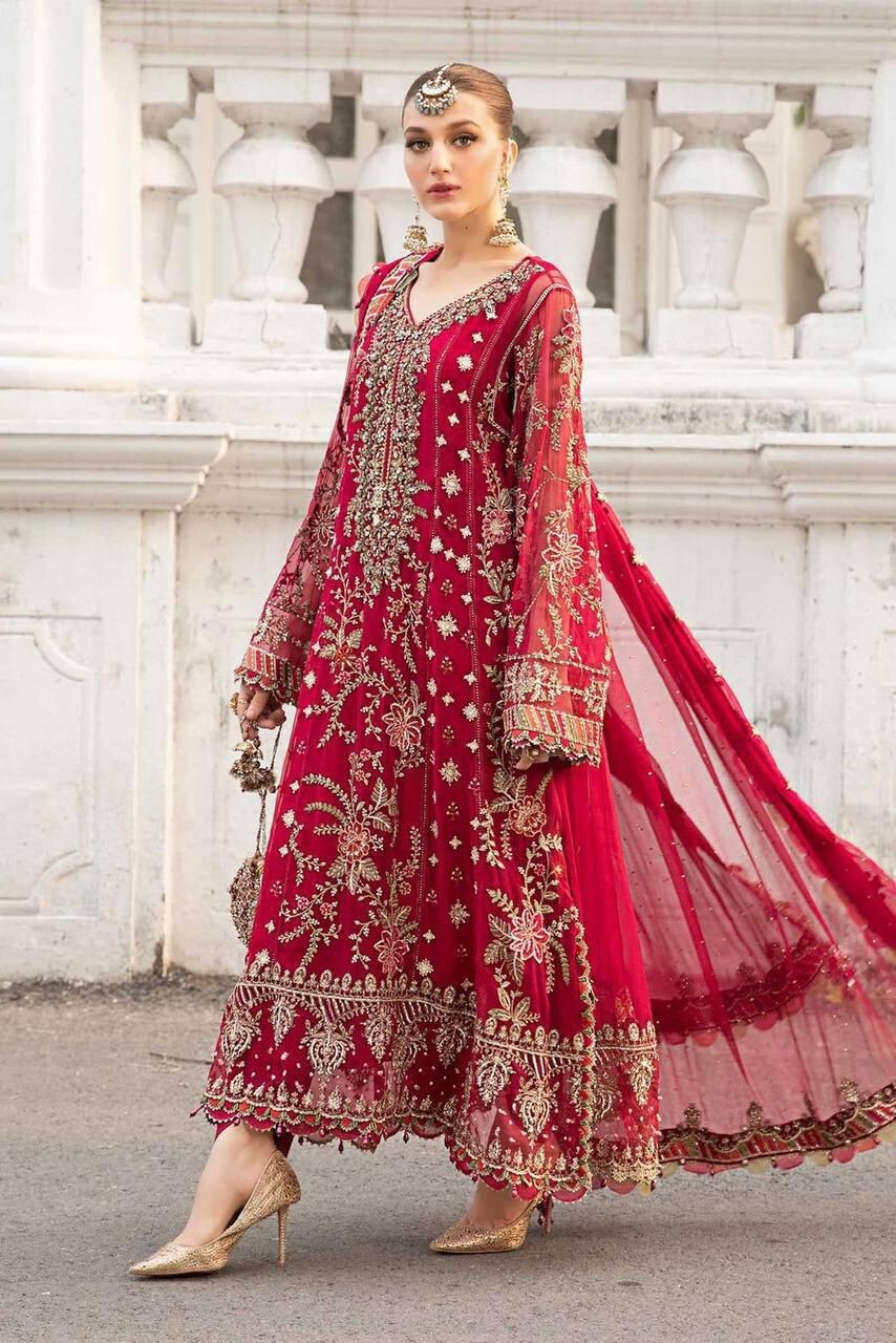 Pakistani Maria.B Bridal Red Maroon Ladies Collection Wedding Dress Chiffon 2025