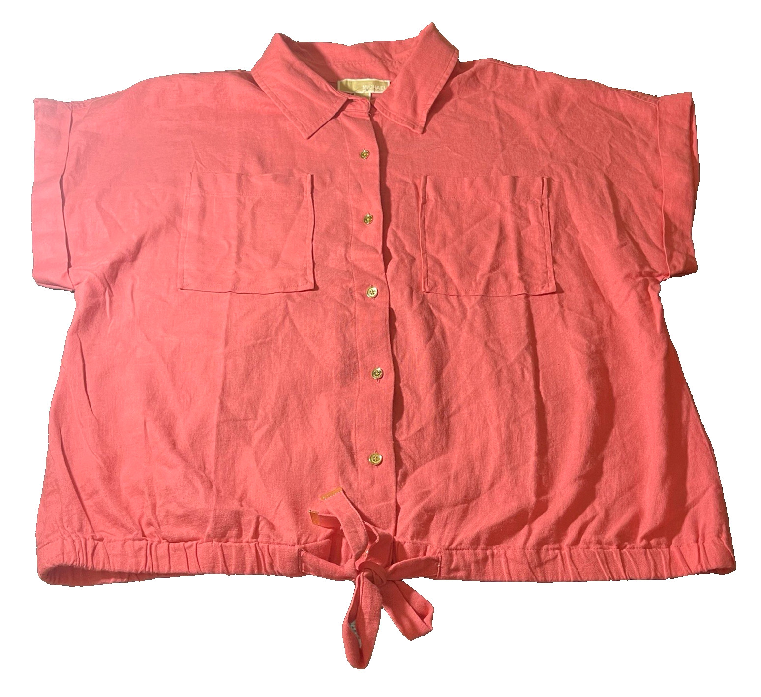 MICHAEL KORS Women’s Button-Down Waist Tie Blouse in Camelia Rose. Size: 1X NWT