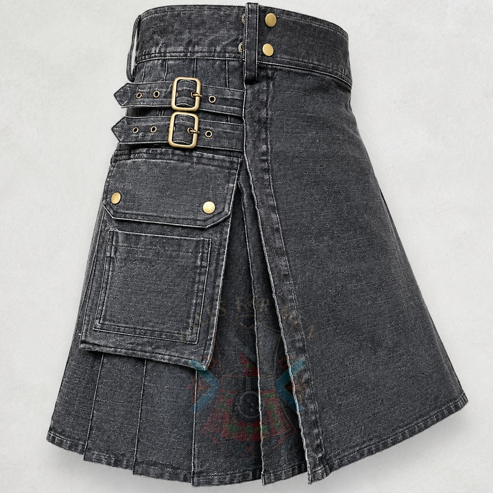 Grey Black Denim Utility Kilt for Men Cargo Pockets Modern Custom Made Kilt