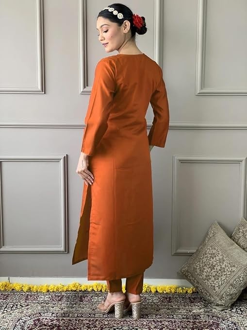 Women Rust Plus Size Printed Ethnic Kurta Top Trouser Pants, Festive Dress Eid