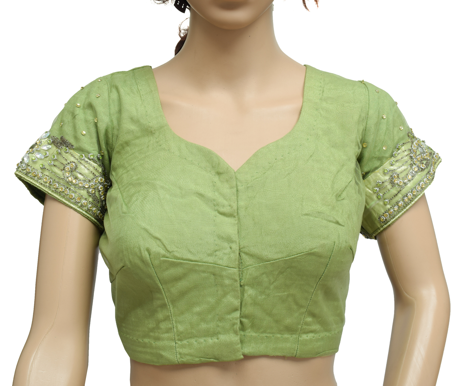 Sushila Vintage Green Readymade Stitched Sari Blouse Net Mesh Hand Beaded Choli