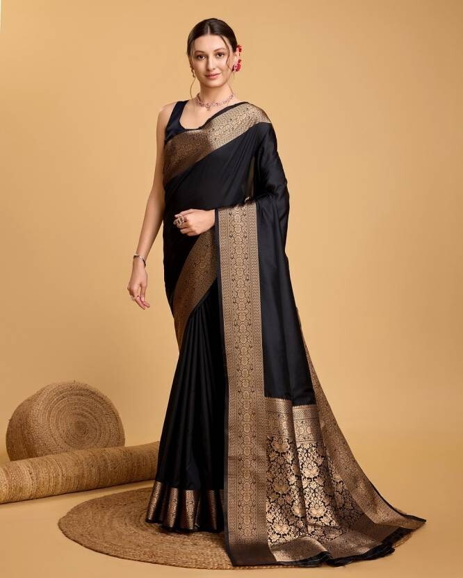 Woven, Self Design Banarasi Silk Blend, Pure Silk Saree (Black)