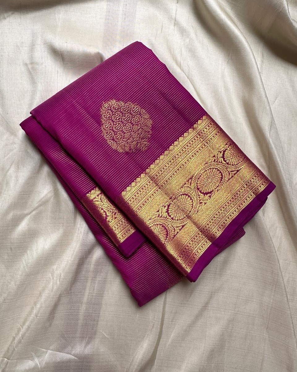 Vibrant Magenta Silk Saree with Antique Gold Zari Border and Leaf Butta