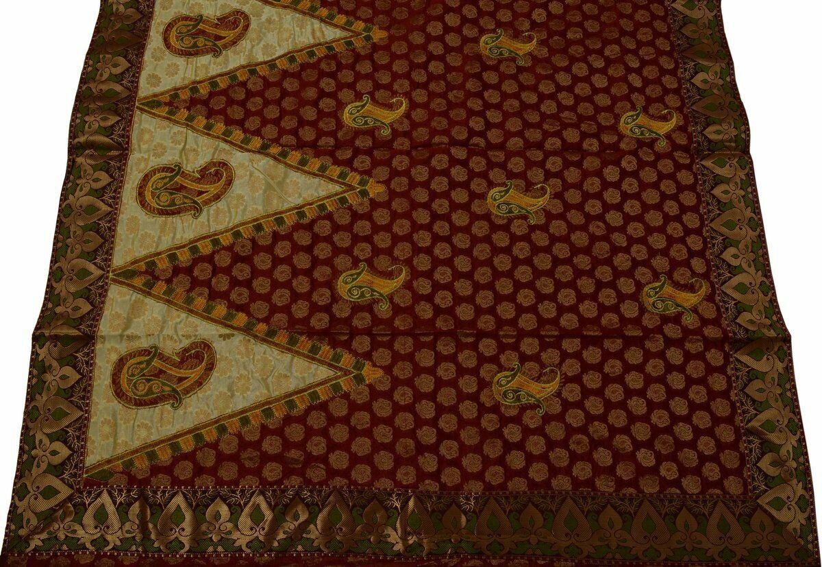 Indian Saree Embroidered Banarasi Chanderi Patch Work Brocade Border Sari Maroon