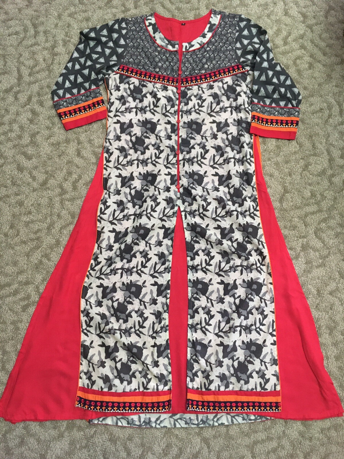 India Pakistani Batik Print Red Dual Embroidered Long Kurta Kurti Top S