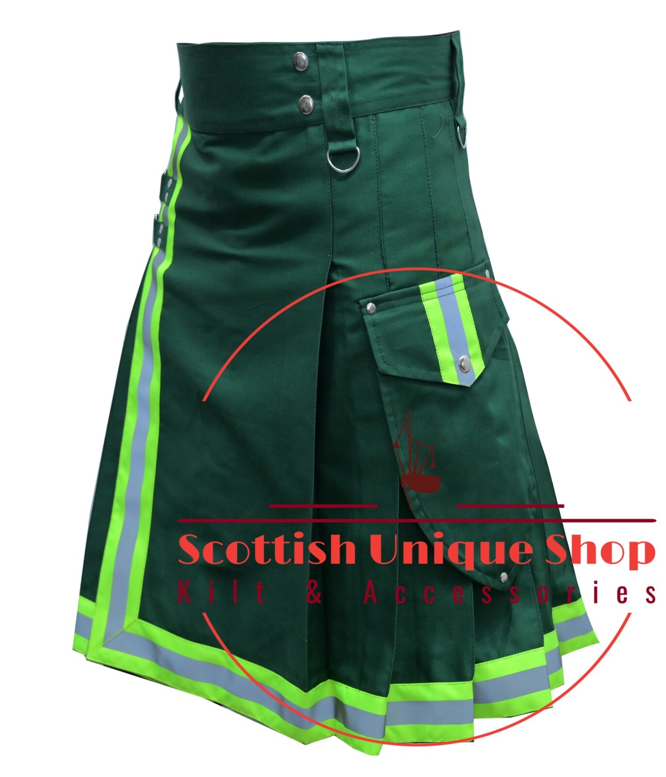 Scottish Handmade Firefighter Utility Kilt solid Green Hybrid Kilt For Men’s