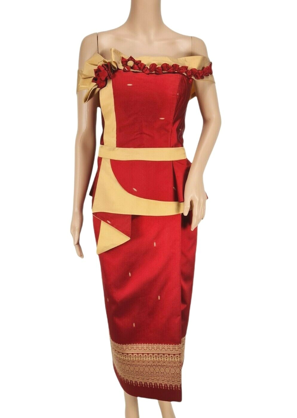 Cambodia Traditional Two Pieces Red Gold Korean Silk Khmer Skirt Women Size M