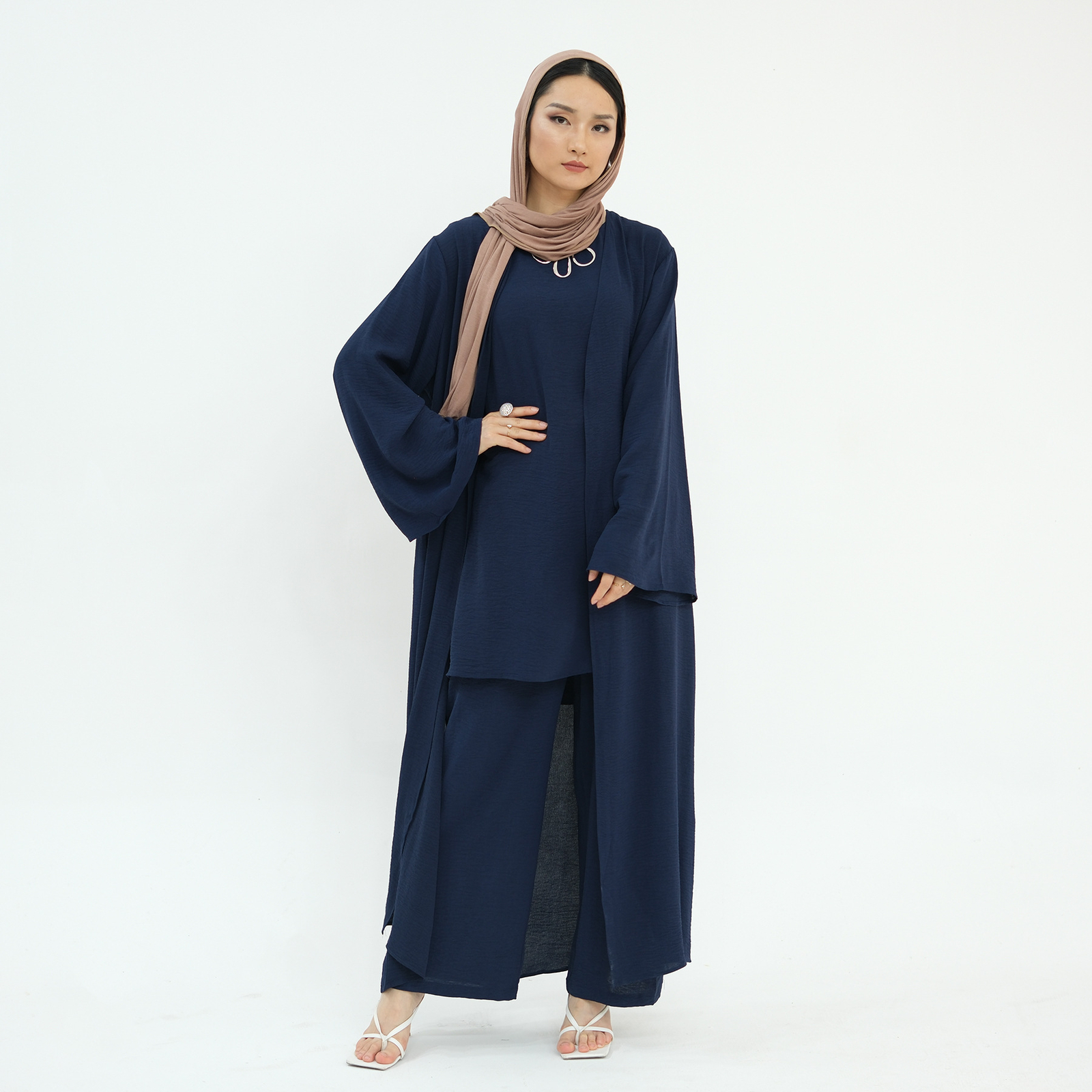 Muslim Women 3pcs Set Open Kimono Vest Pants Kaftan Dress Dubai Abaya Outfits