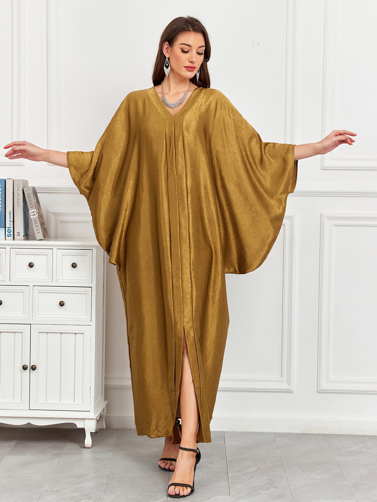 Women Batwing Sleeves Abaya Muslim Loose Solid Color Ramadan Beach Travel Robes