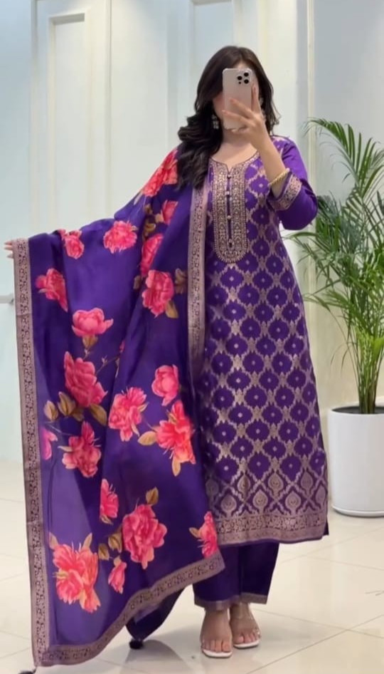Purple Salwar Kameez Readymade Indian Designer Kurta Palazzo Designer Dupatta