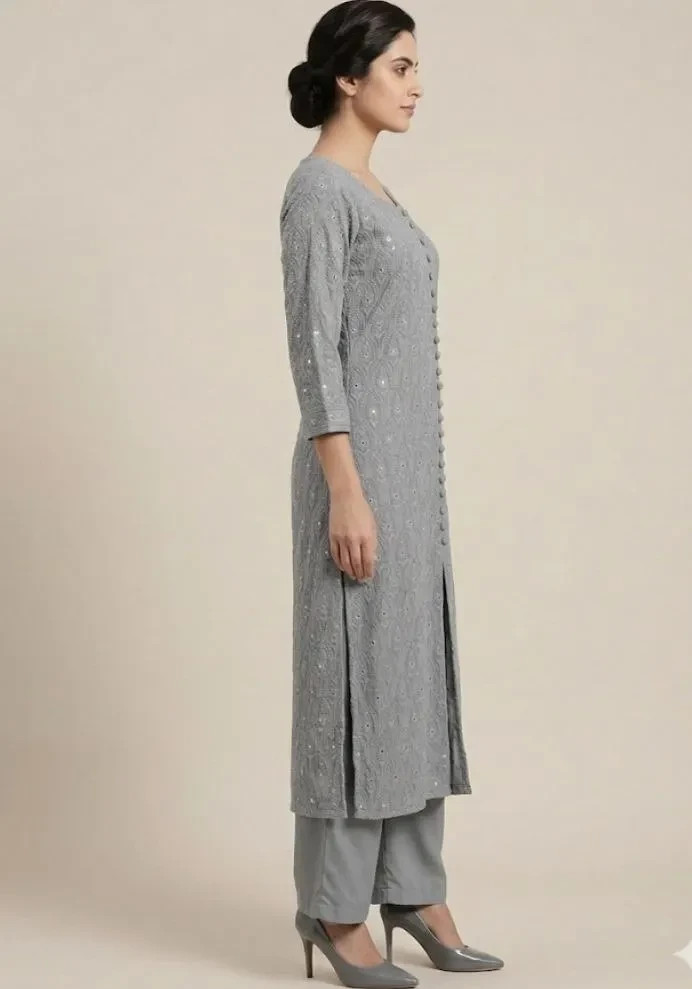 Women’s Pure Georgette Chikankari Kurti Set Embroidered Tunic Pants, Plus Sizes