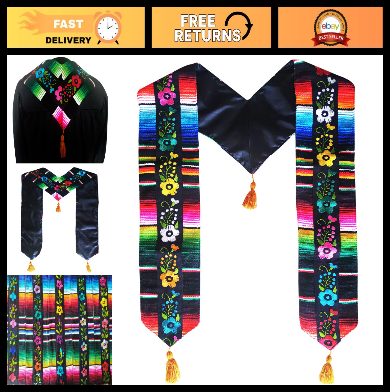 Authentic Mexican Graduation Sash – 100% Handmade Embroidery Serape Stole