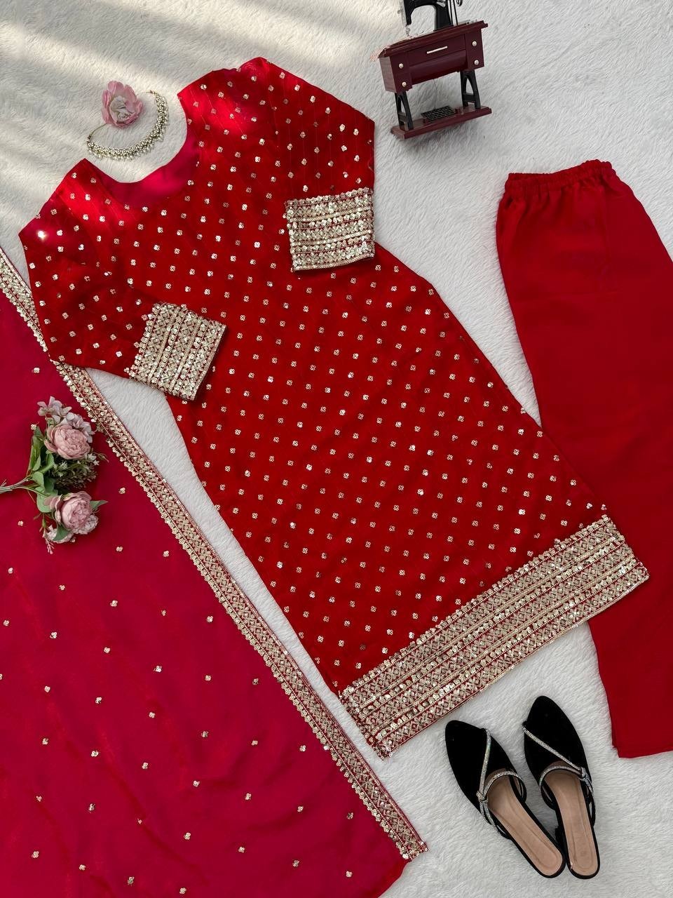 Stylish Look Heavy Silk Red Salwar Kameez With Dupatta For Festival Wear