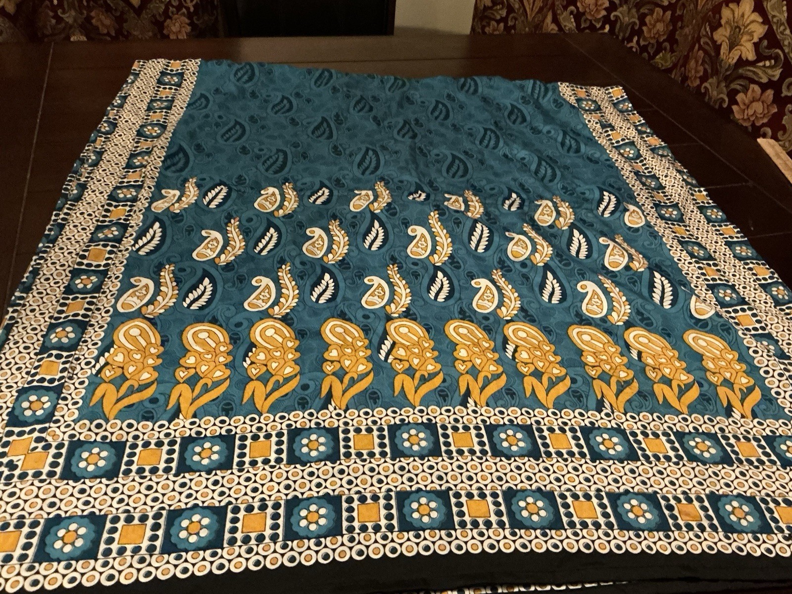 Polyester Dashiki poncho caftan Paisley Flower Border Print On Blue drawstring,