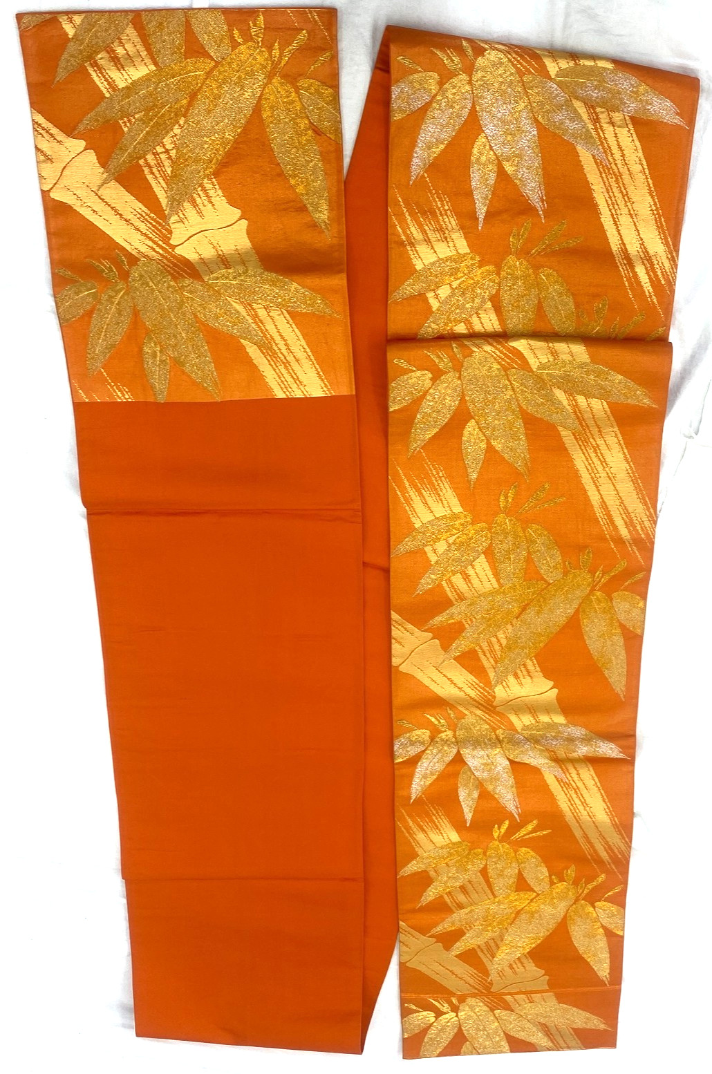 Japanese Vintage Kimono Fukuro Obi Silk Orange Traditional Embroidery 162 x11 in