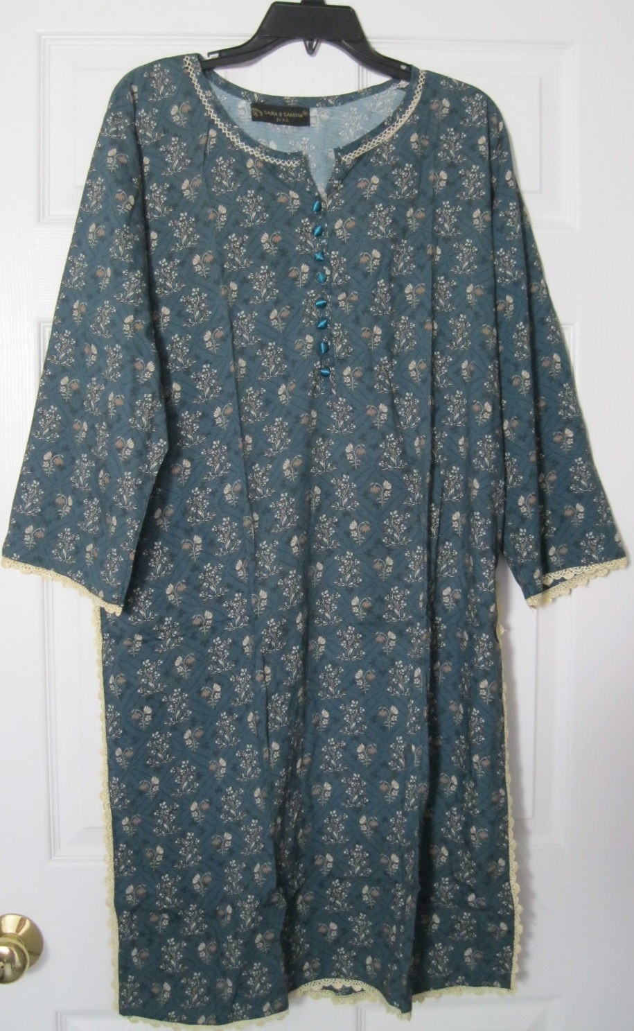 New 2 Pc Pakistani Print Lawn Kurti Trousers Suit Scalloped Trim Sage Size L