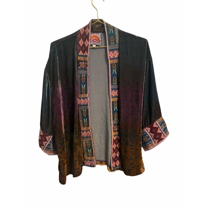 Johnny Was Velvet Ombre Animal Print Embroidered Kimono Jacket Silk Blend Small