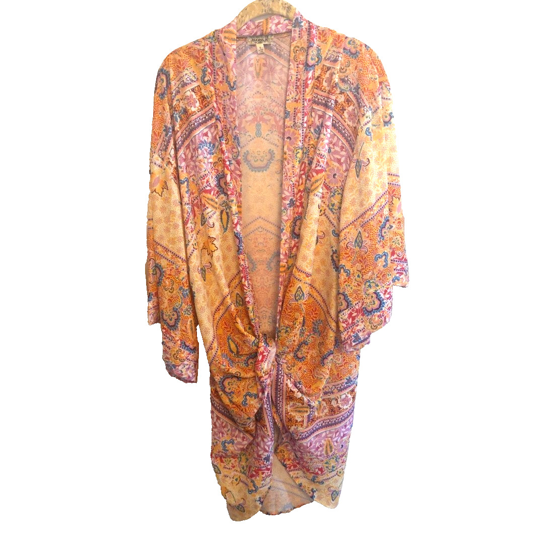 One World Duster Cardigan Kimono Size Small Yellow Pink Purple Blue Pastel Boho