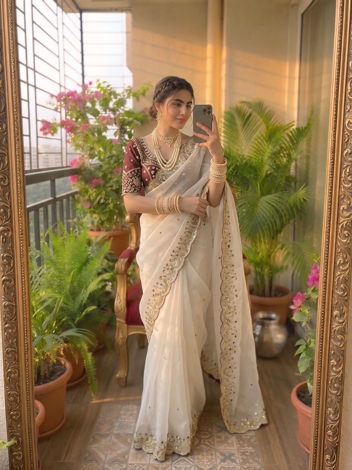 Soft Organza Party Wear Saree with Delicate Floral Embroidery & Designer Blouse