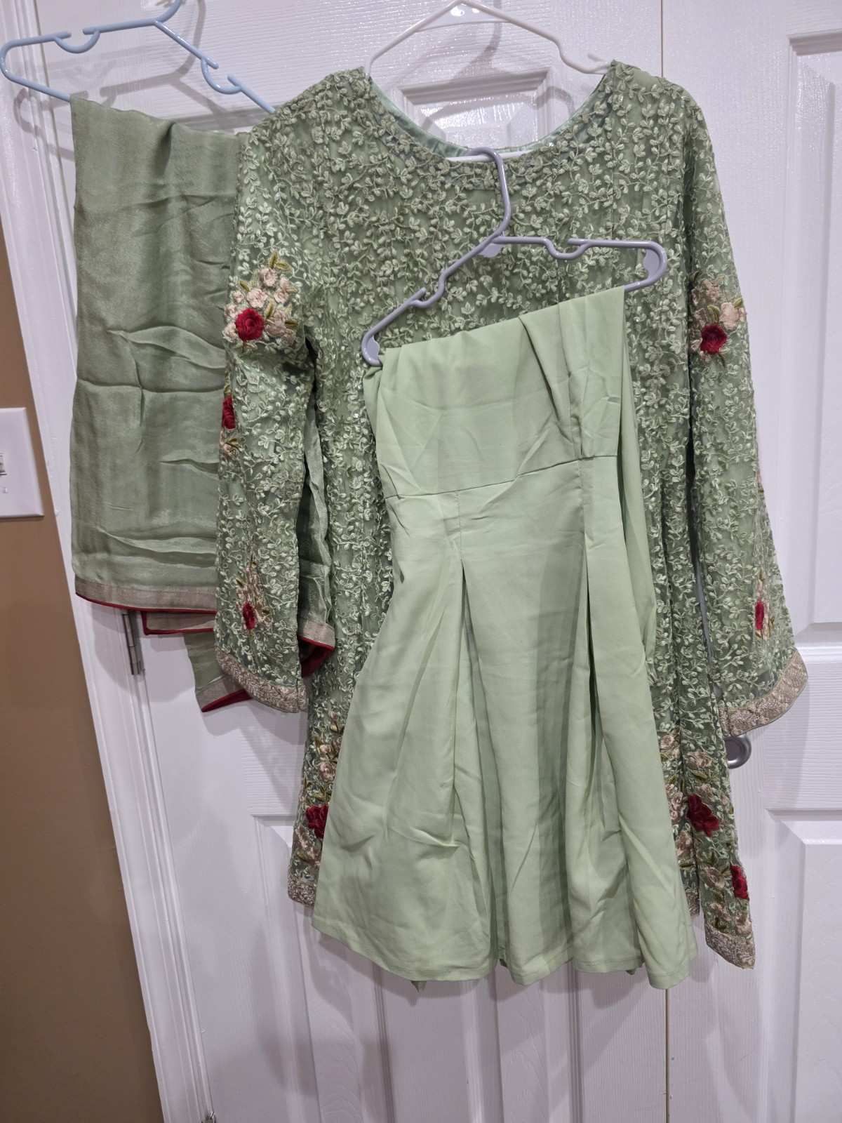 Pakistani 3Pc Embroidered Net Suit Green Gharara Kameez Wedding Party Size M