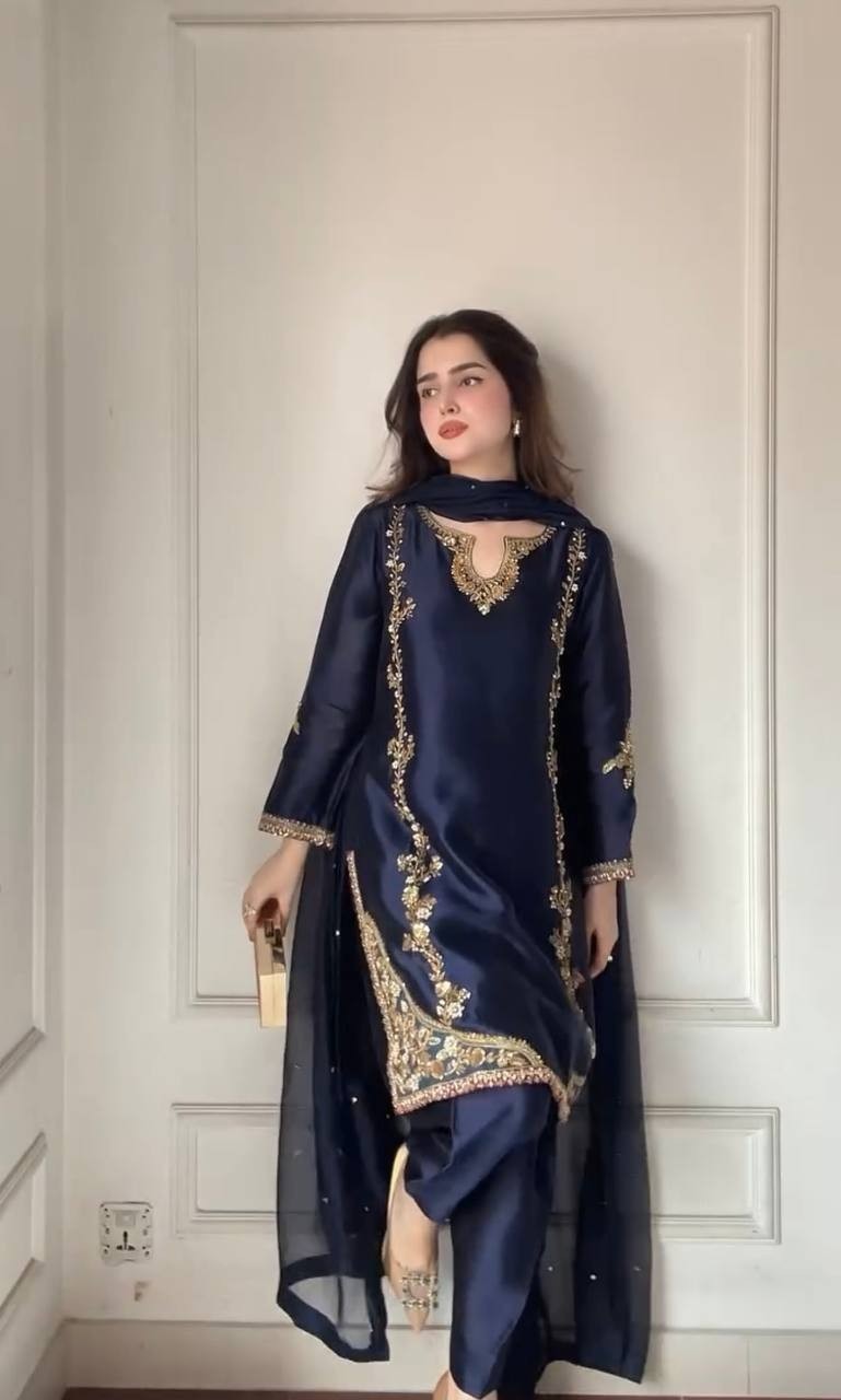 New Launching Blue Natural Crep Silk Top Bottom With Dupatta For Festival Wear