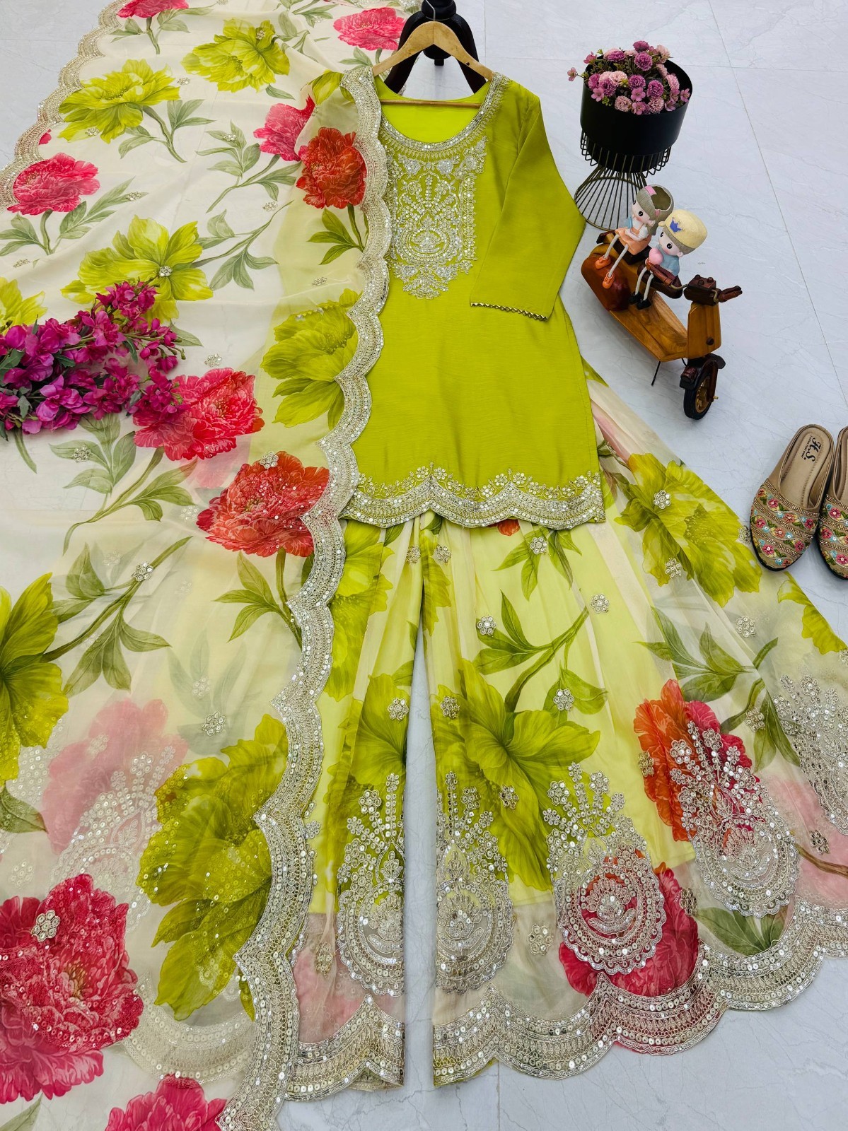 Latest Designer Chinnon Kurta Palazzo With Taby Organza Dupatta For Women
