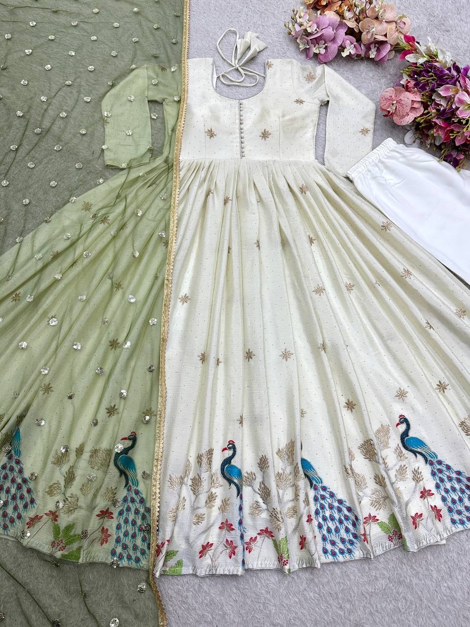 Off White Pure Dola Silk Gown Bottom With Dupatta For Indian Functional Wear