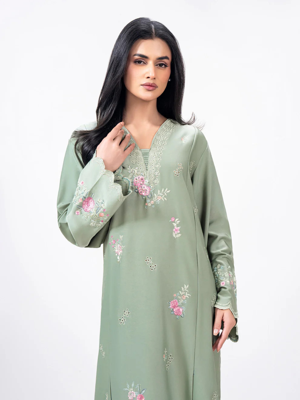 Pakistani Sage Green 2 Pcs shamooz Silk Dress with light thread embroidery ,L