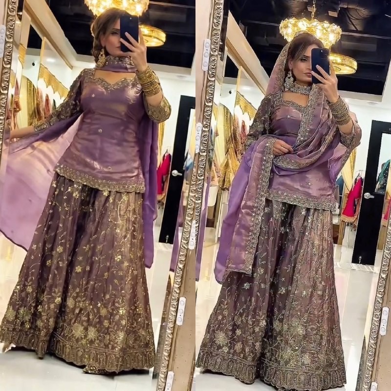 New Latest Heavy Pure Silk Purple Top Palazzo With Dupatta For Reception Wear