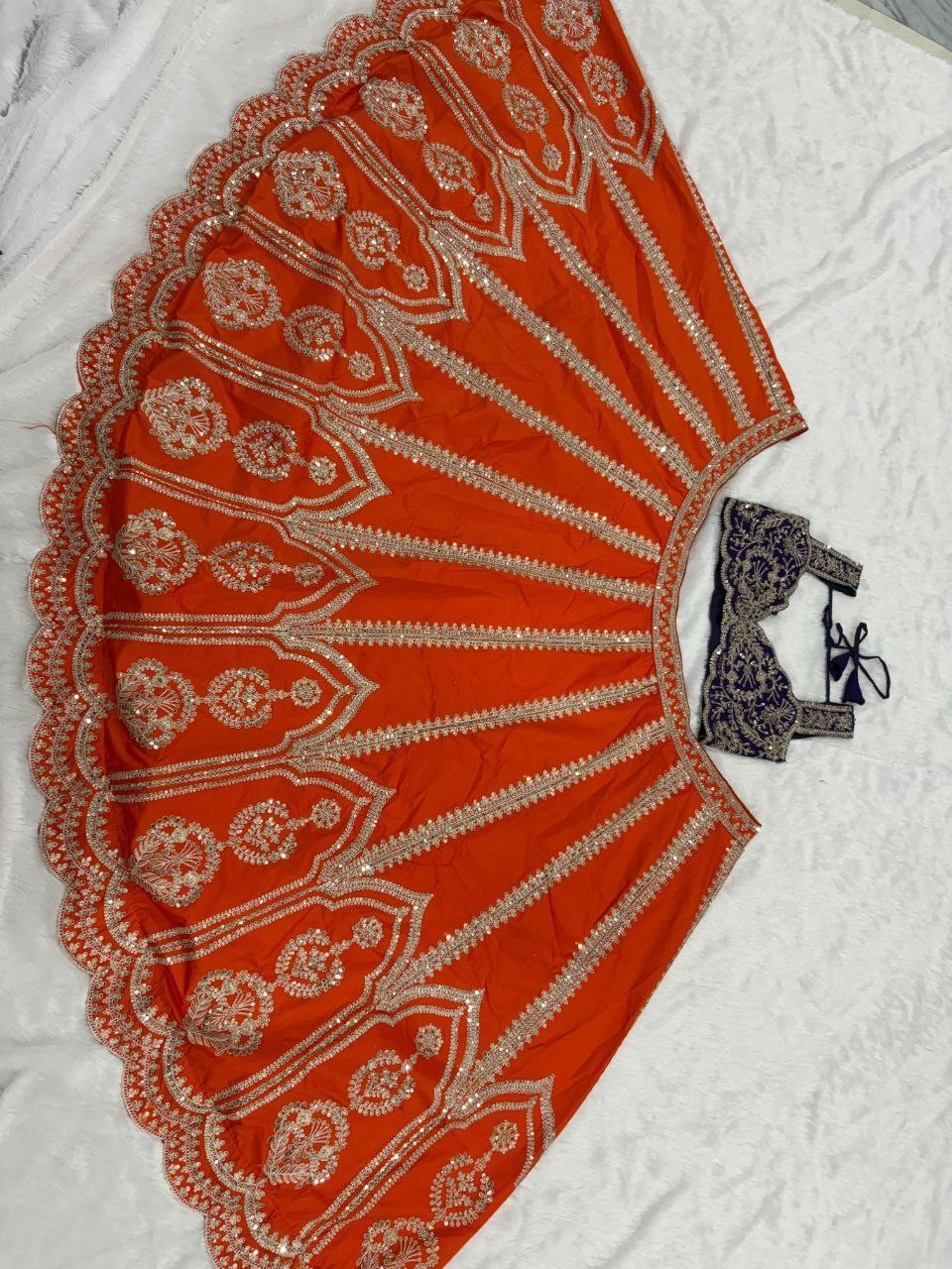 Stunning Look Silk Orange Lehenga Choli With Blue Dupatta For Reception Wear