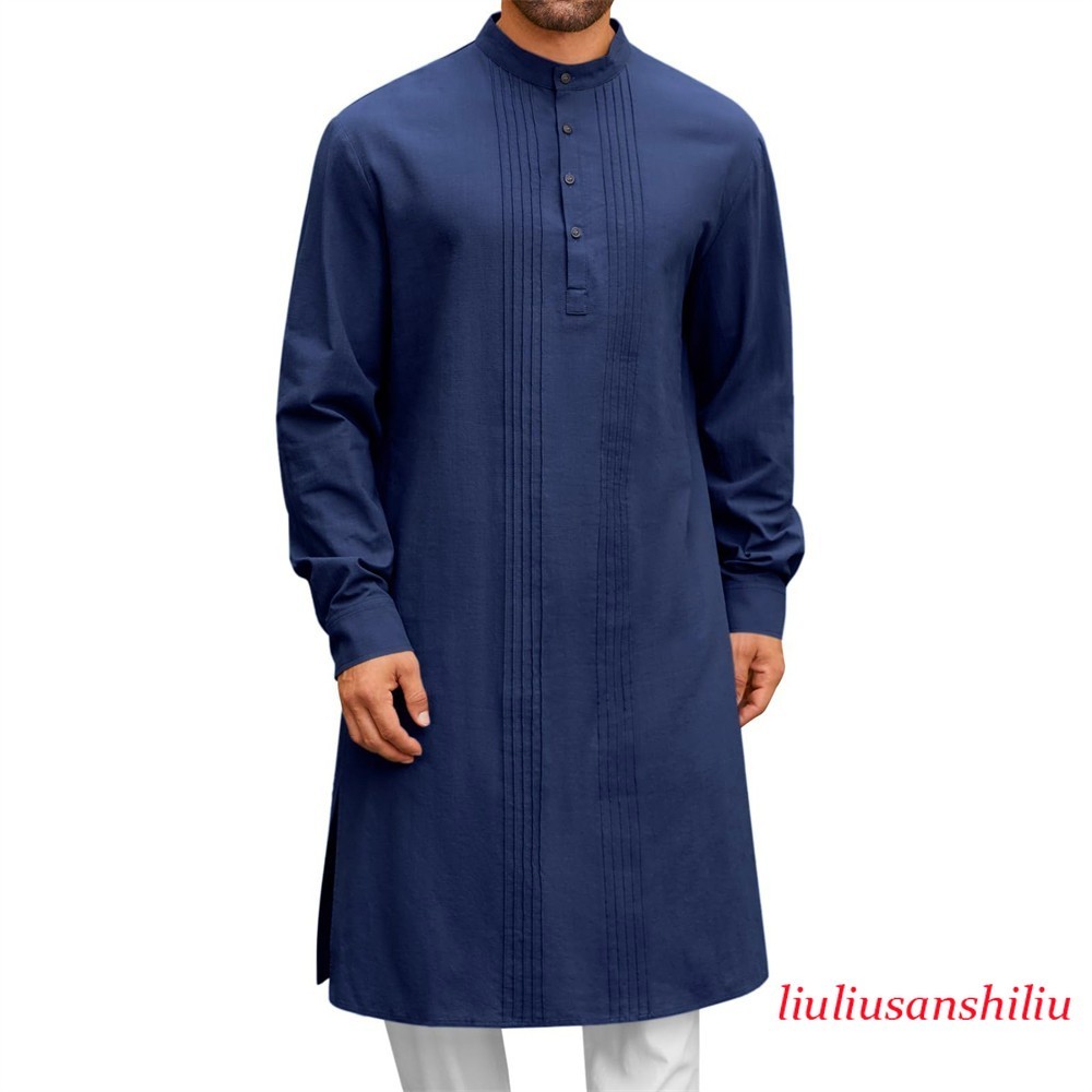 Men’s Middle Eastern Clothes Long Sleeve Muslim Islamic Kaftan Long Dress Robe