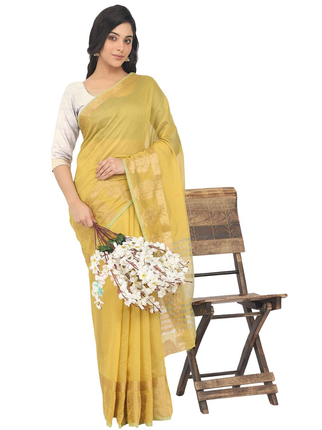 Women’s Woven Polycotton Tant Saree Having Zari Border With Blouse Piece