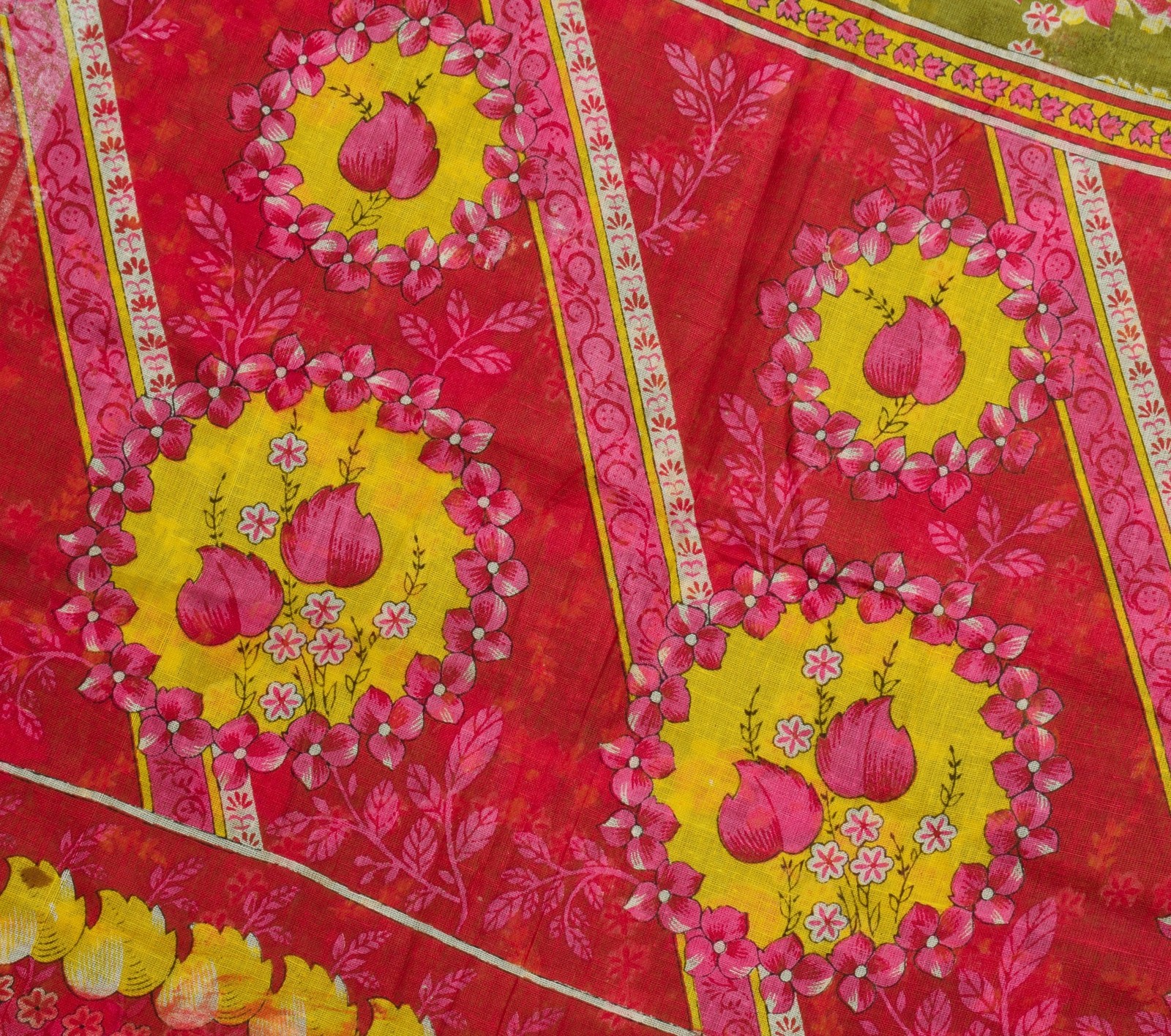 Sushila Vintage Henna Green Saree 100% Pure Cotton Printed Floral Craft Fabric