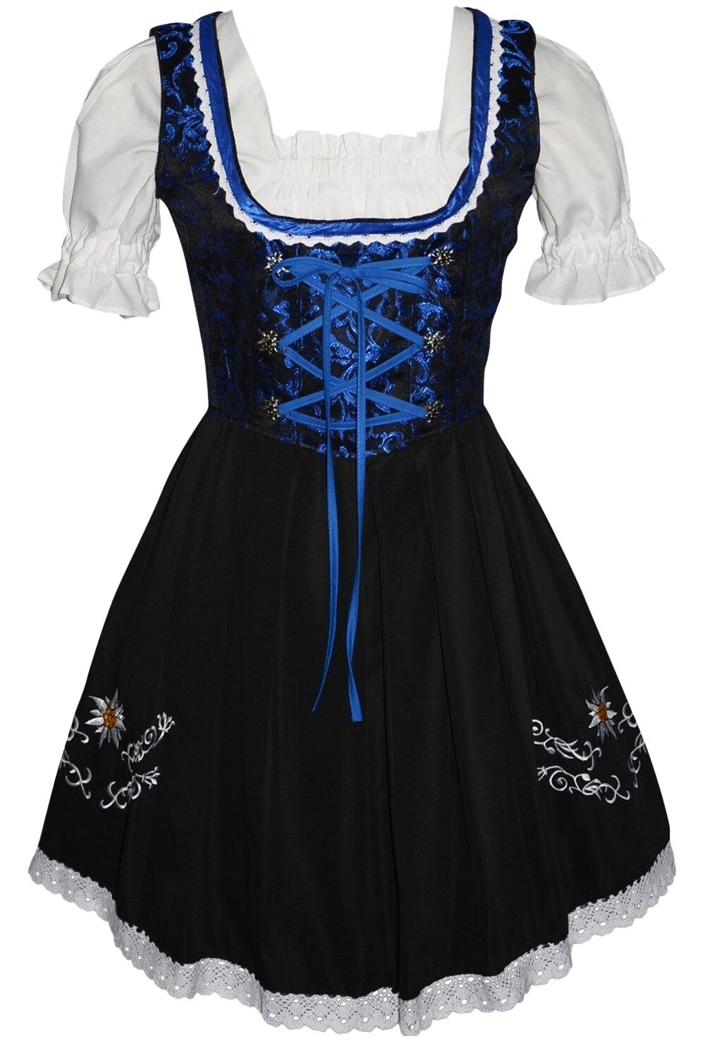 S 8 Short Dirndl German Oktoberfest Dress Party Swing Blue EMBROIDERED 3 Pc Set