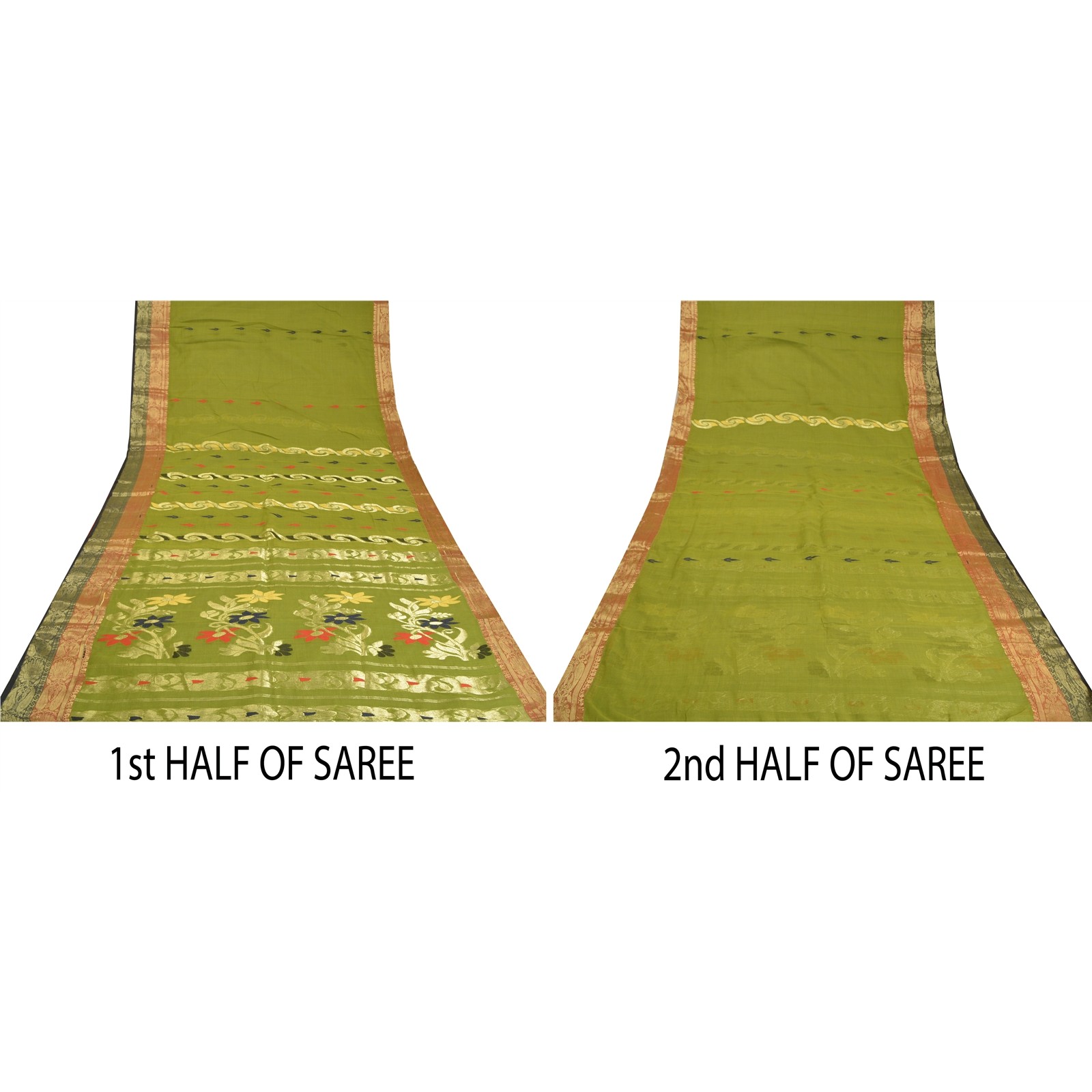 Sanskriti Vintage Green Sarees Pure Cotton Zariwoven Brocadebanarasi Sari Fabric