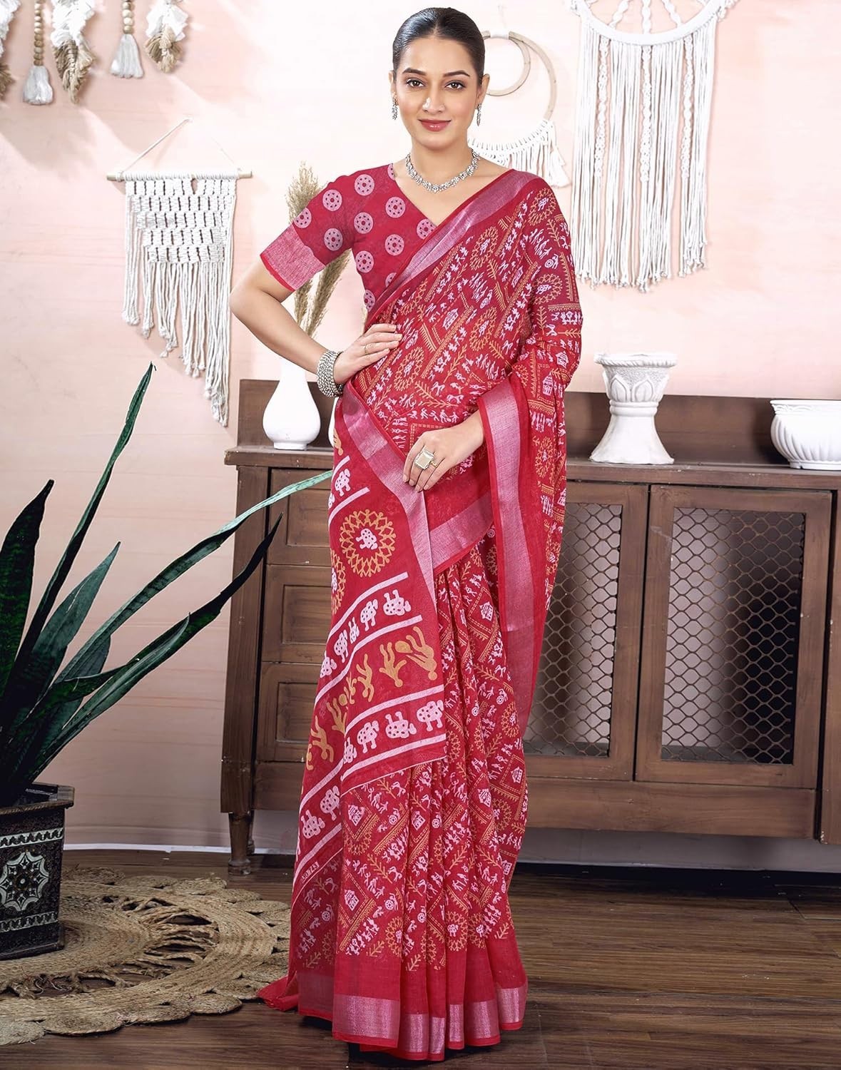 Women’s Cotton Linen Printed and Zari Border Saree with Unstitched Blouse Piece